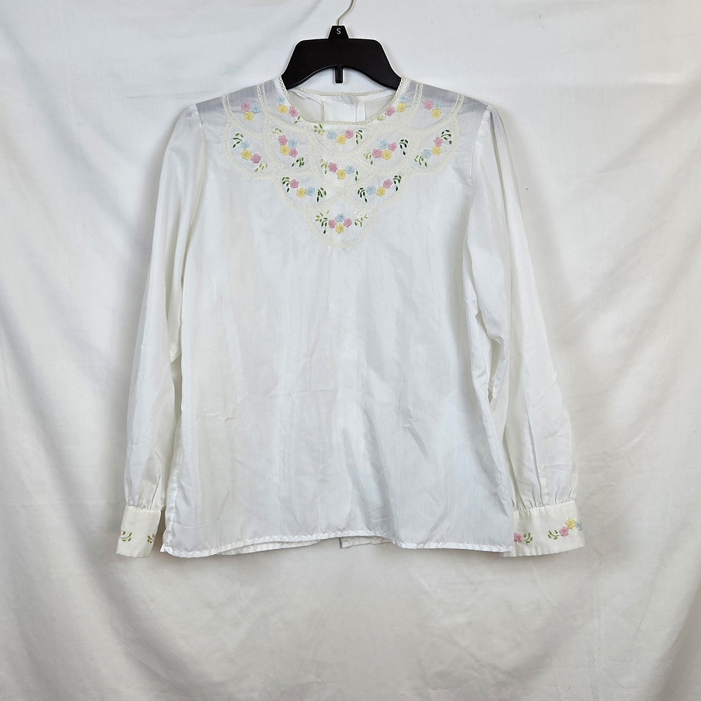 Vintage‎ 70s Women's White Floral Embroidered Long Sleeve Bohemian Blouse Sz M/4